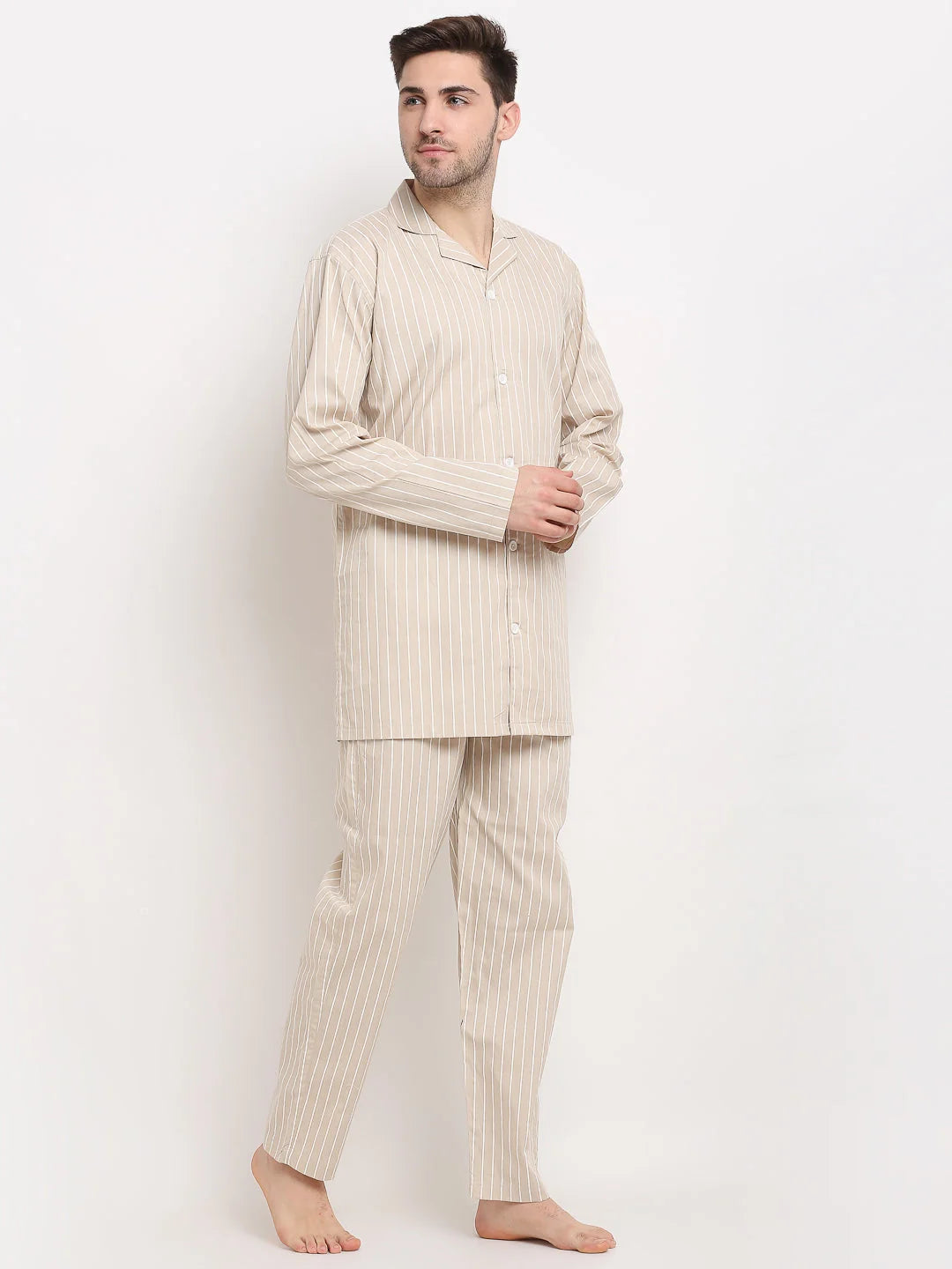 Cream Striped Mens Pajama Set | Soft Cotton Mens Pajamas