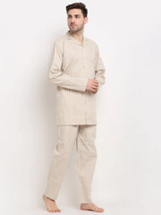 Indian Needle Men's Cream Cotton Striped Night Suits
