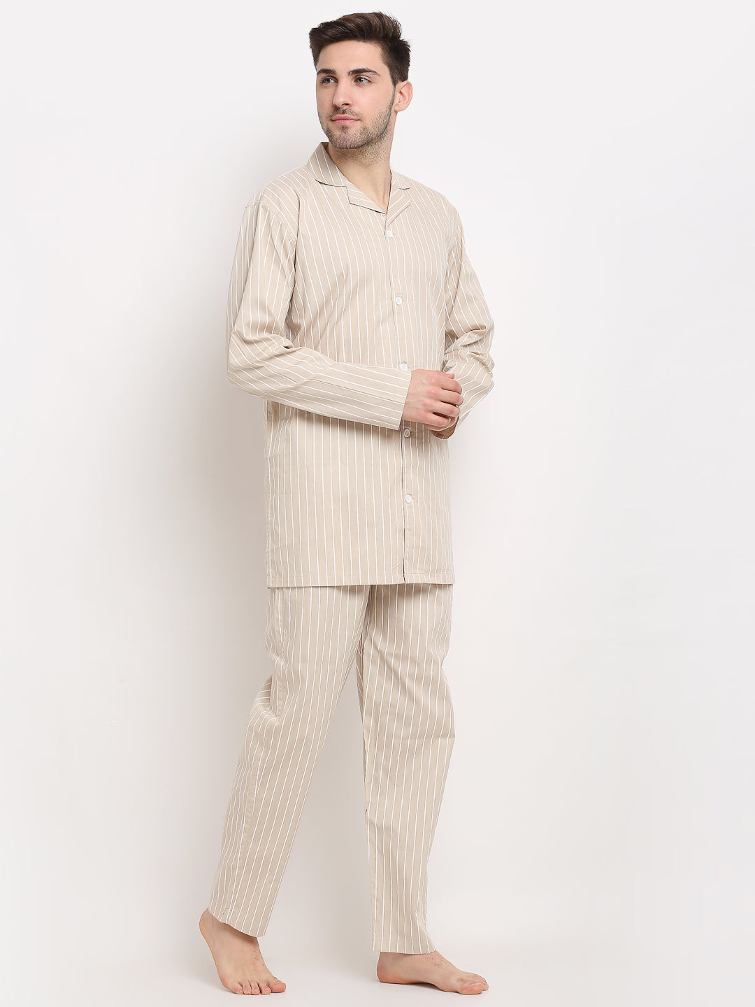 Cream Striped Mens Pajama Set | Soft Cotton Mens Pajamas