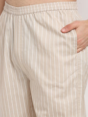 Indian Needle Men's Cream Cotton Striped Night Suits