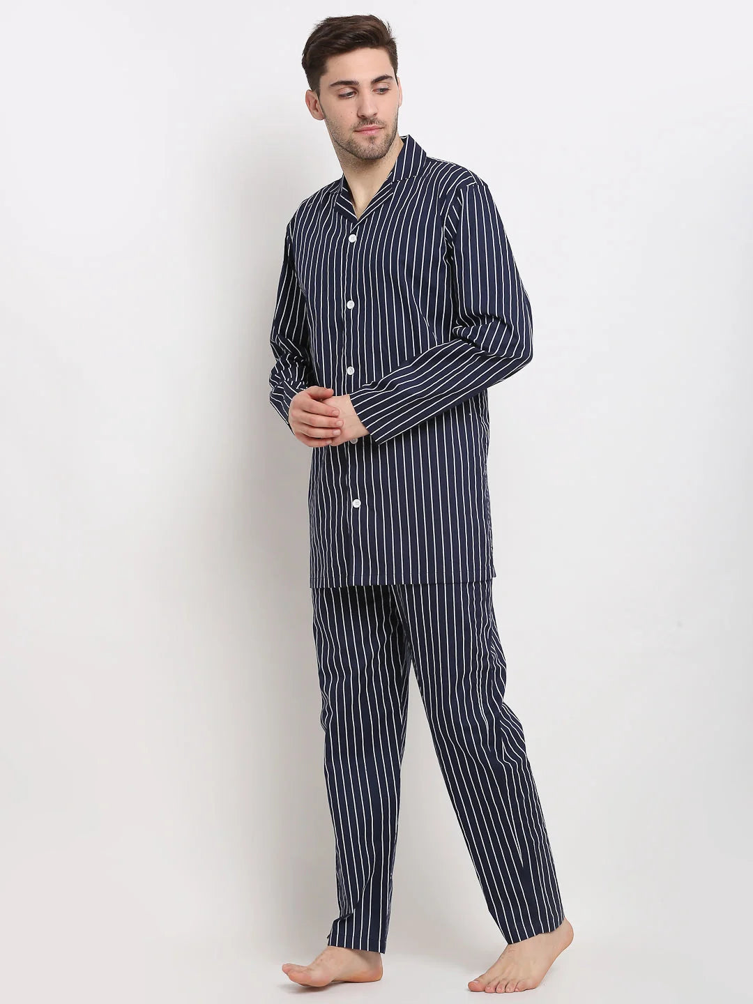 Navy Striped Mens Pajama Set | Cotton Mens Sleepwear - Needle