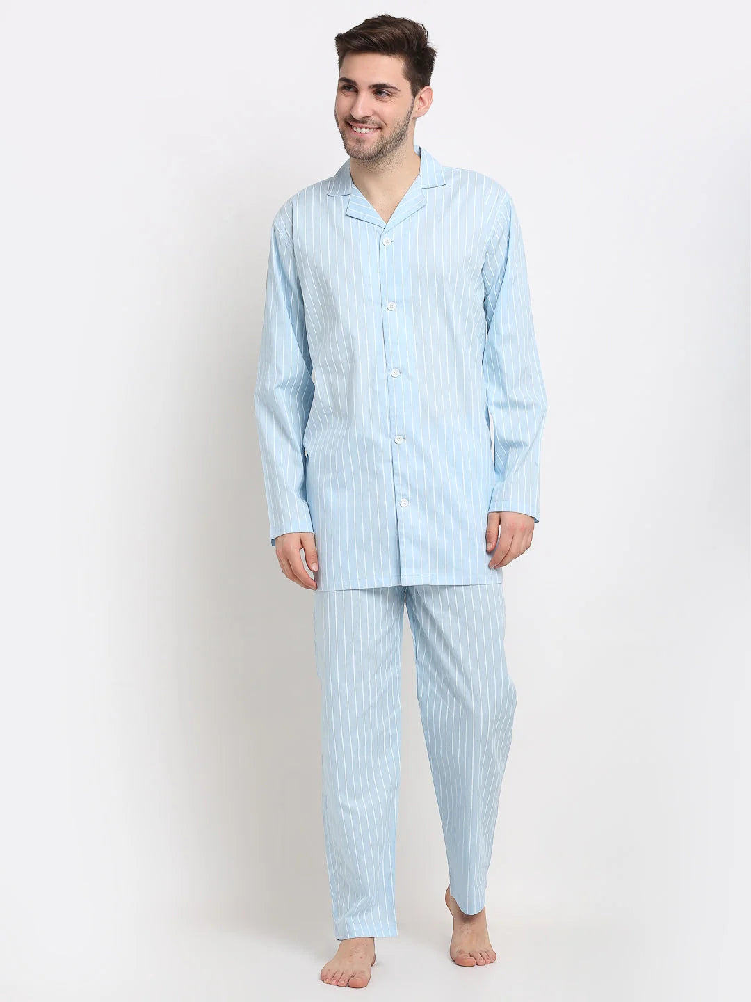 Indian Needle Men's Sky Cotton Striped Night Suits