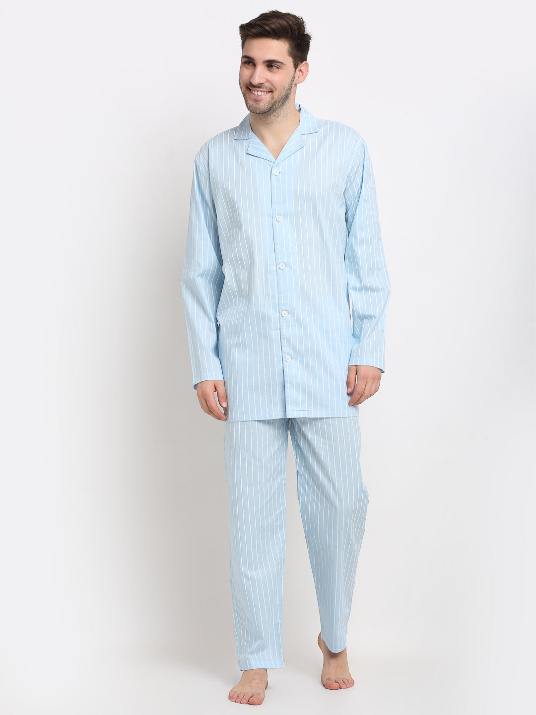 Sky Blue Striped Mens Pajama Set | Soft Cotton Mens Sleepwear