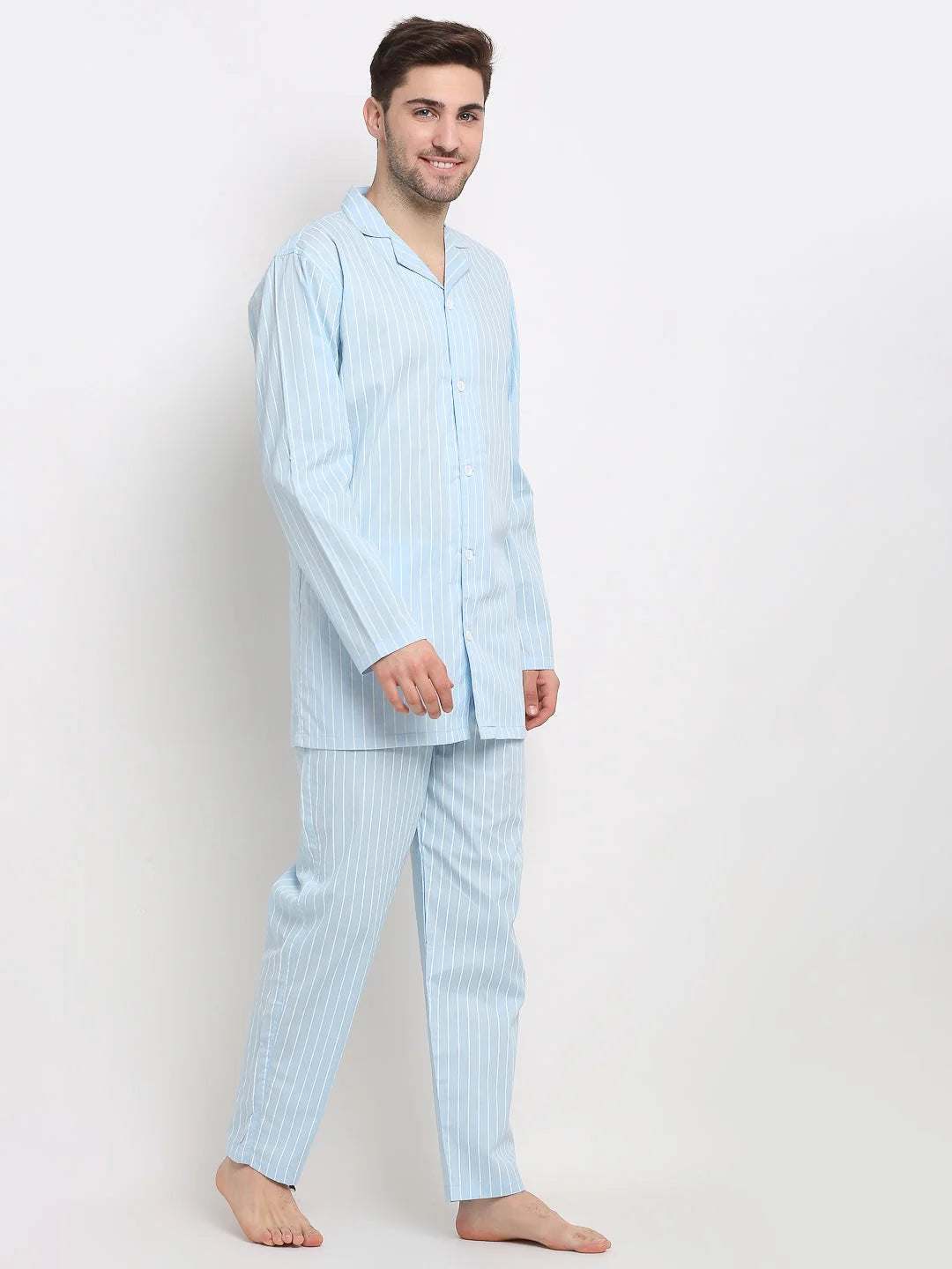 Sky Blue Striped Mens Pajama Set | Soft Cotton Mens Sleepwear