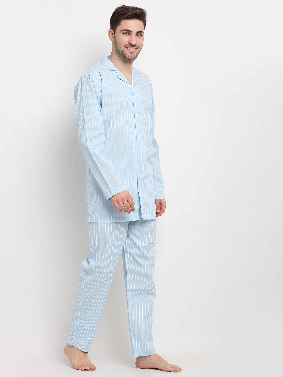 Sky Blue Striped Mens Pajama Set | Soft Cotton Mens Sleepwear