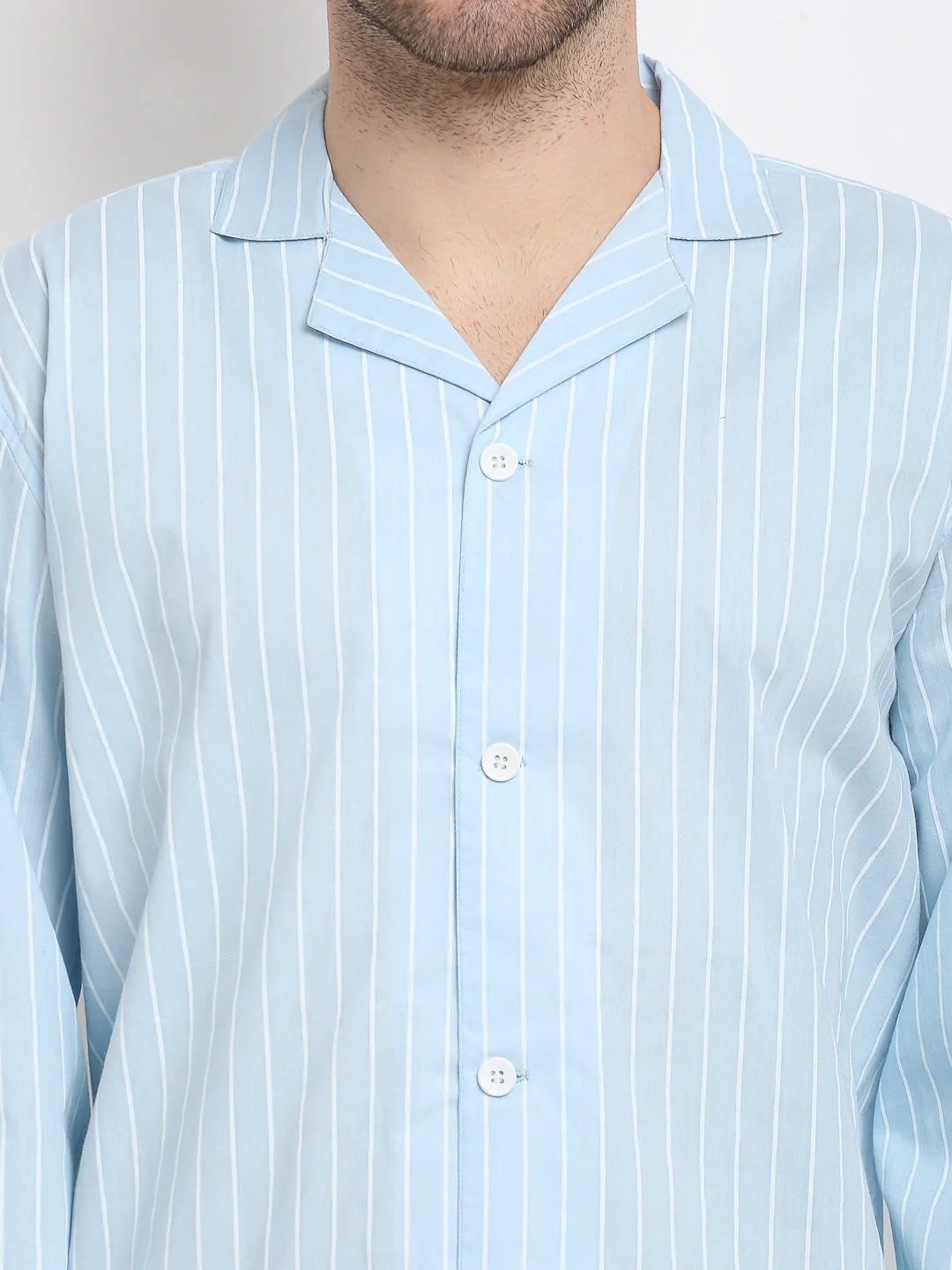 Sky Blue Striped Mens Pajama Set | Soft Cotton Mens Sleepwear