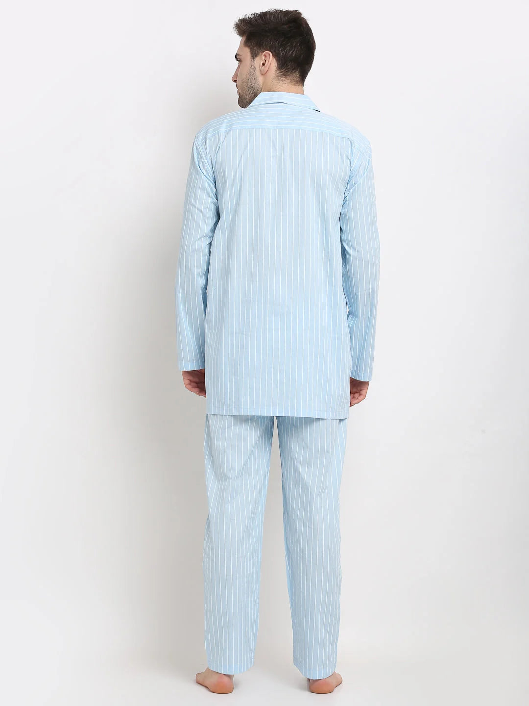 Sky Blue Striped Mens Pajama Set | Soft Cotton Mens Sleepwear
