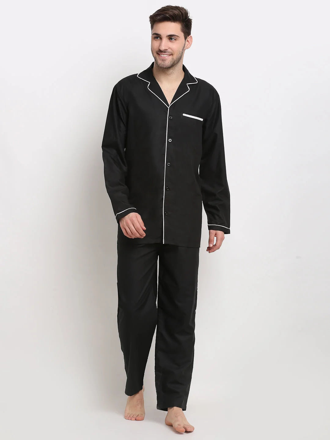 Black Cotton Mens Pajamas Set | Solid Sleepwear by Indian Needle