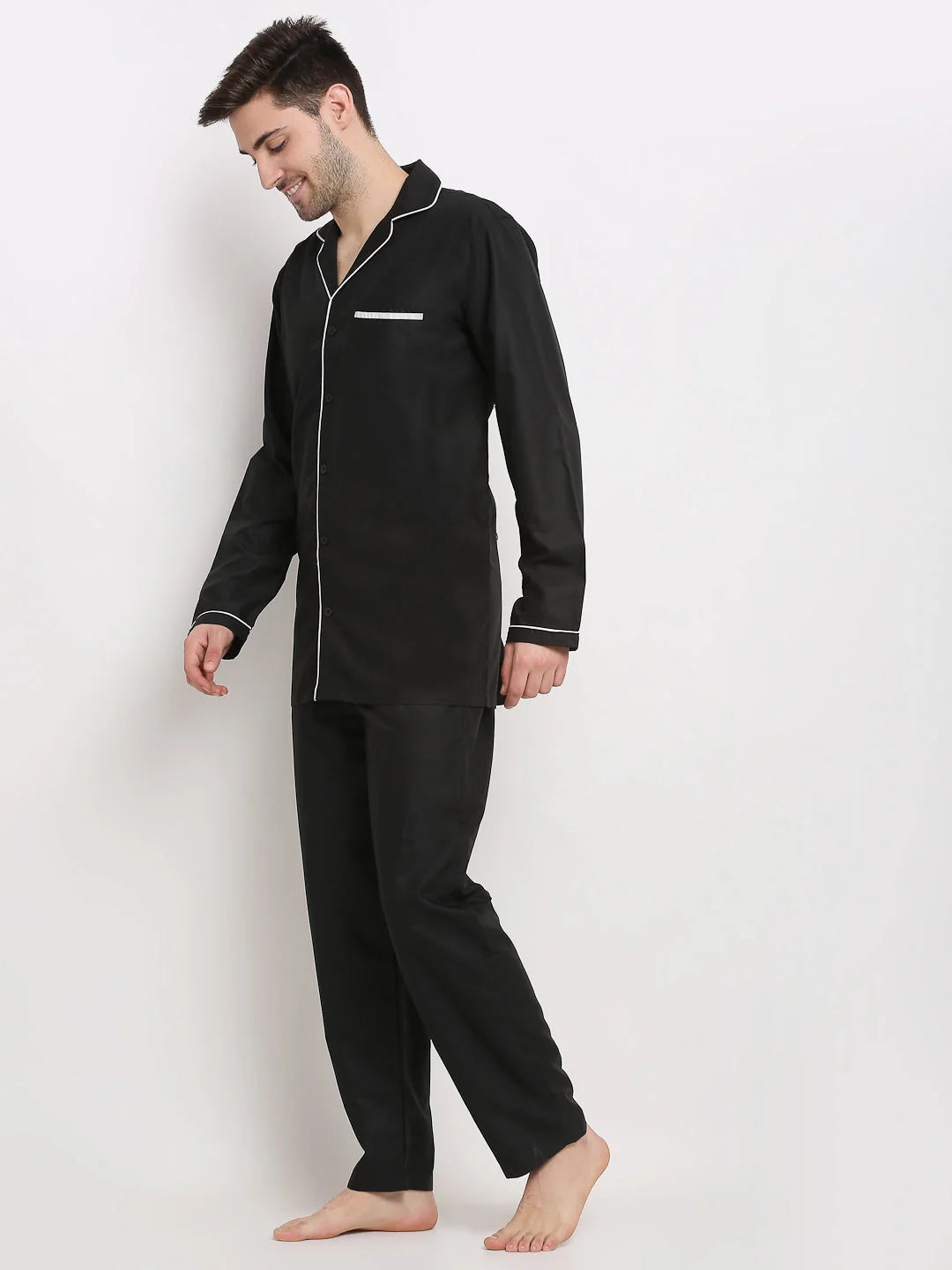 Black Cotton Mens Pajamas Set | Solid Sleepwear by Indian Needle