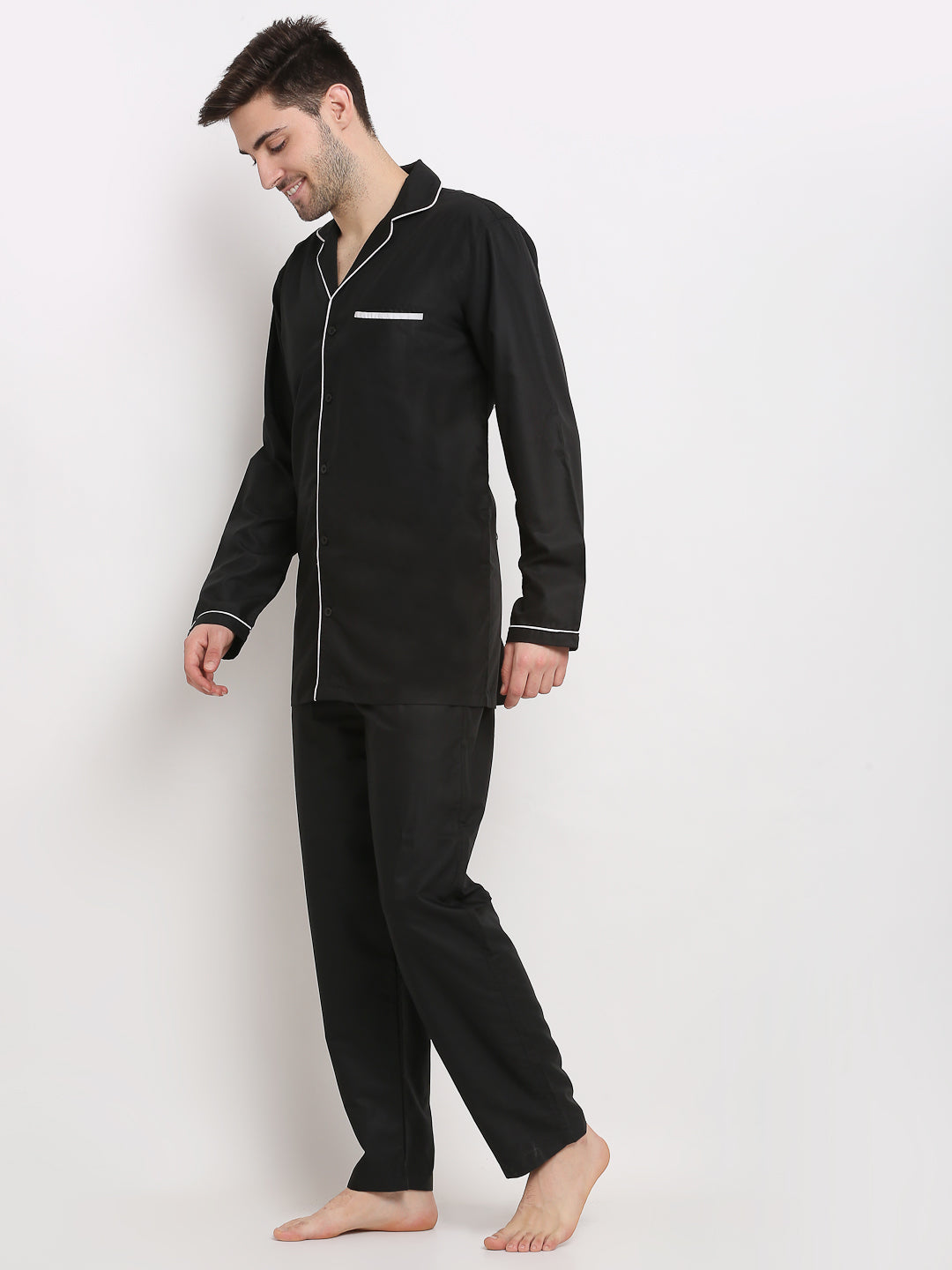 Black Cotton Mens Pajamas Set | Solid Sleepwear by Indian Needle