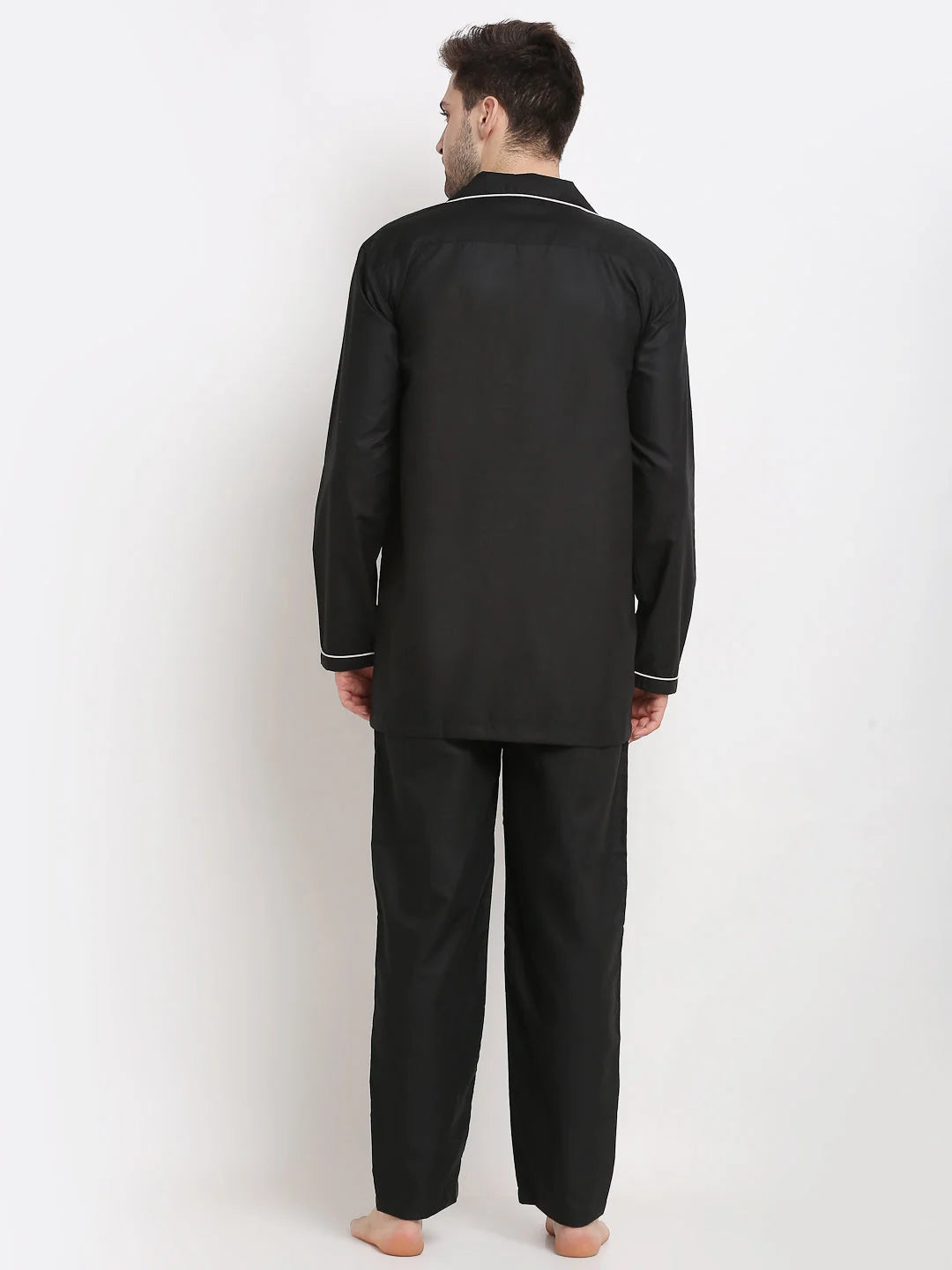Black Cotton Mens Pajamas Set | Solid Sleepwear by Indian Needle