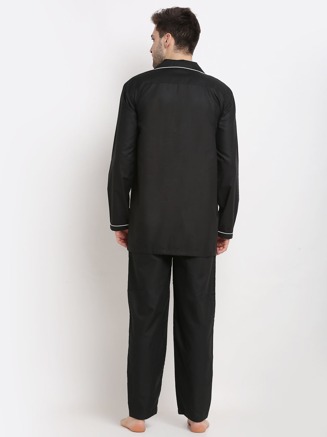 Black Cotton Mens Pajamas Set | Solid Sleepwear by Indian Needle