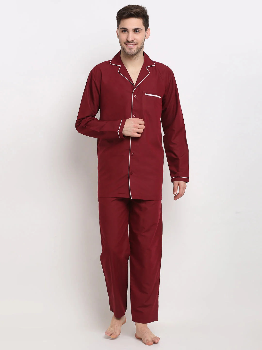 Maroon Cotton Mens Pajama Set - Solid Night Suits | Indian Needle