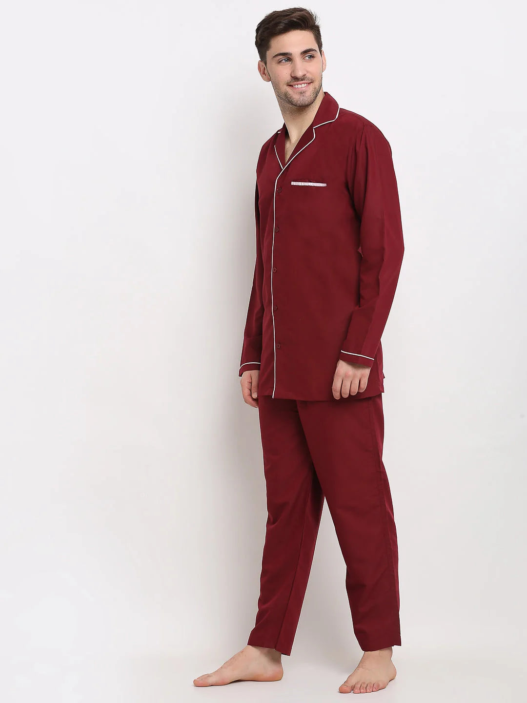 Maroon Cotton Mens Pajama Set - Solid Night Suits | Indian Needle