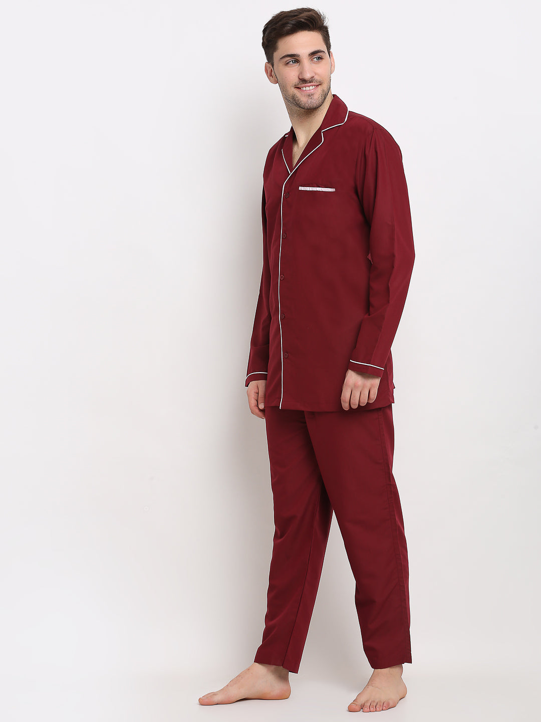 Maroon Cotton Mens Pajama Set - Solid Night Suits | Indian Needle