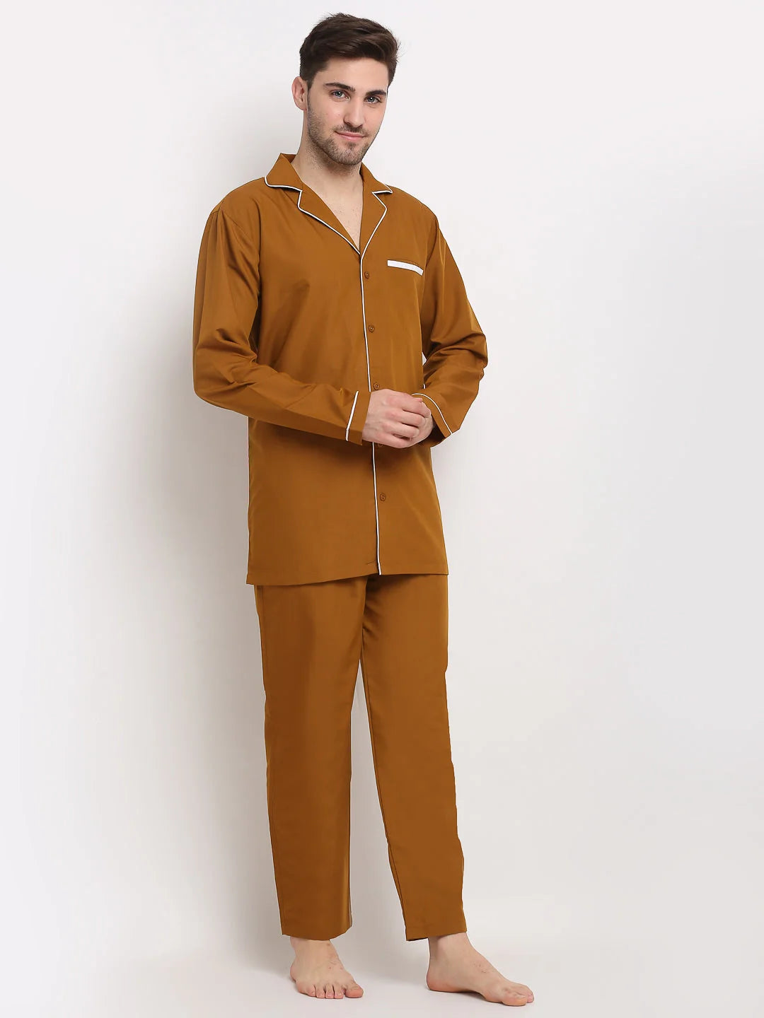 Mustard Cotton Mens Pajama Set - Solid Night Suits | Indian Ne...