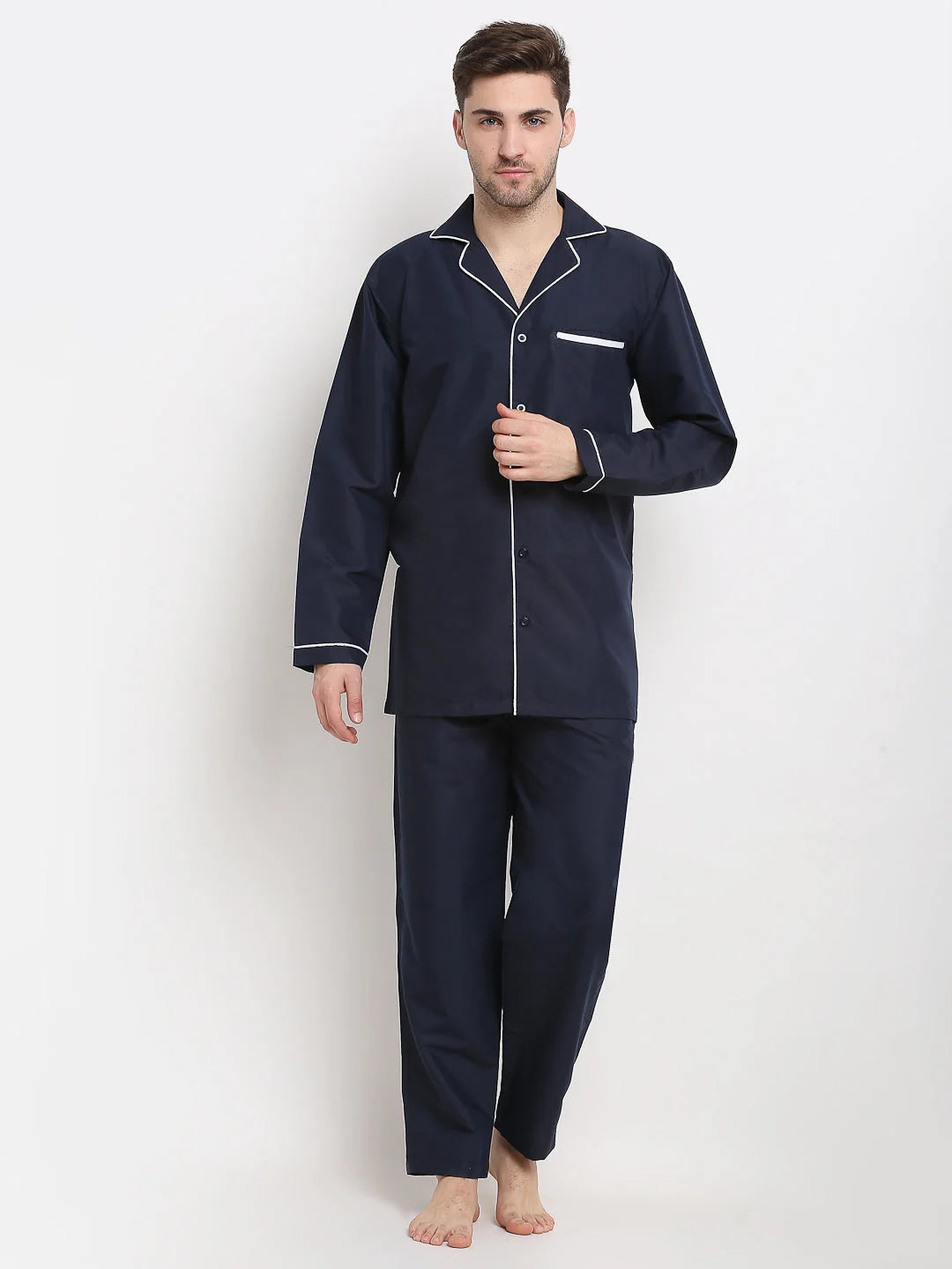 Navy Cotton Mens Pajama Set - Solid Night Suits | Indian Needle