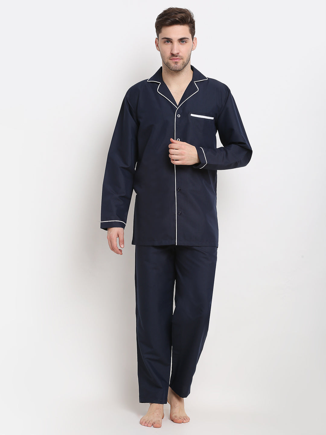 Navy Cotton Mens Pajama Set - Solid Night Suits | Indian Needle