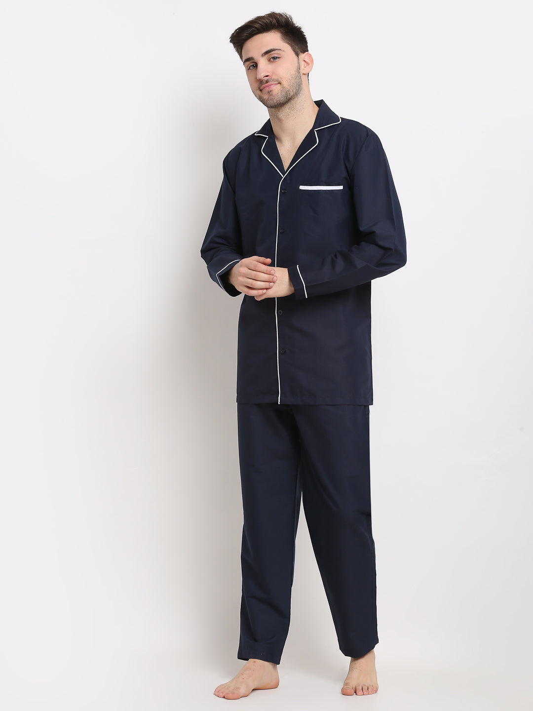 Navy Cotton Mens Pajama Set - Solid Night Suits | Indian Needle