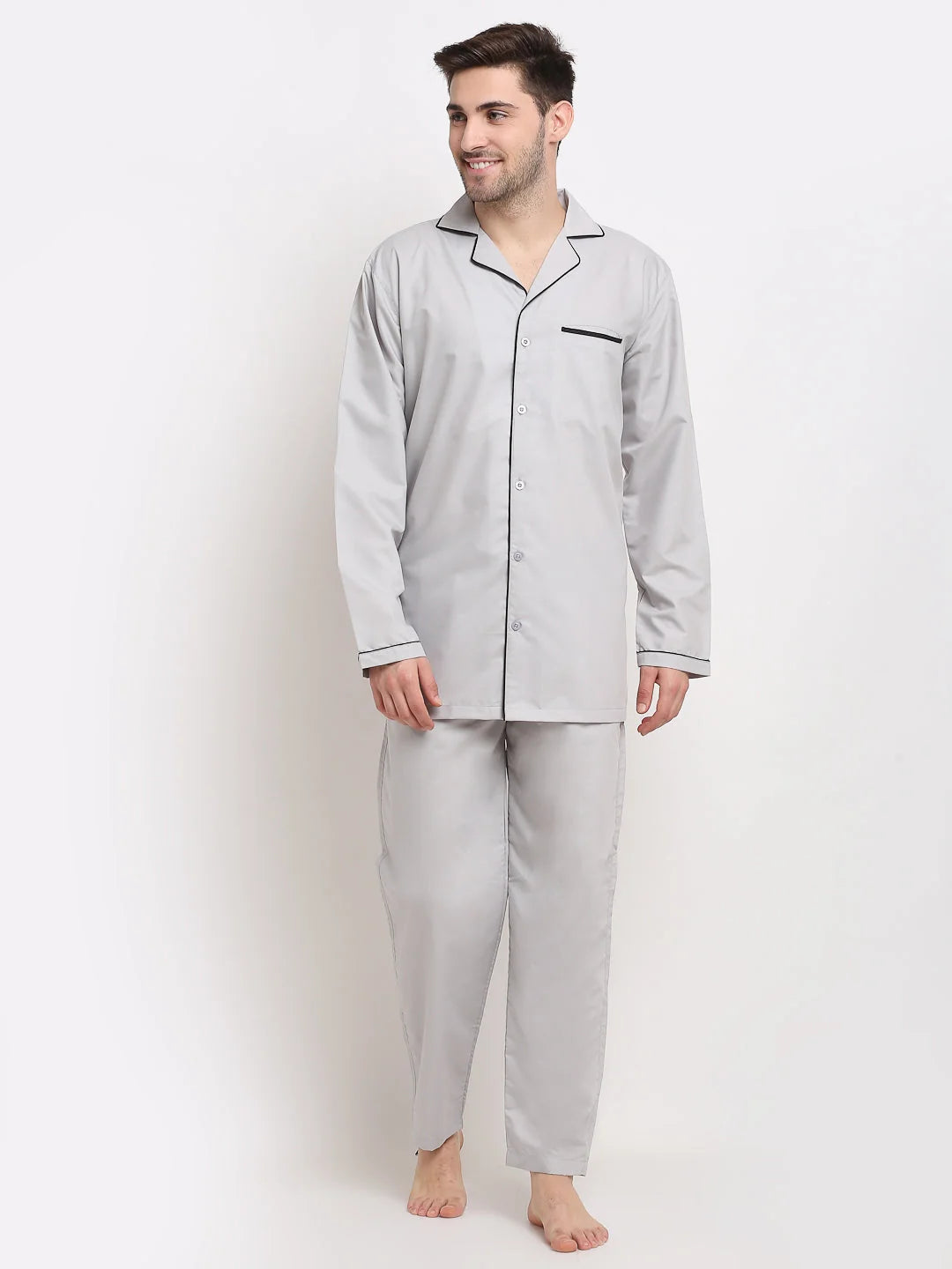 Mens Steel-Grey Cotton Night Suit | Cotton Pajamas Set