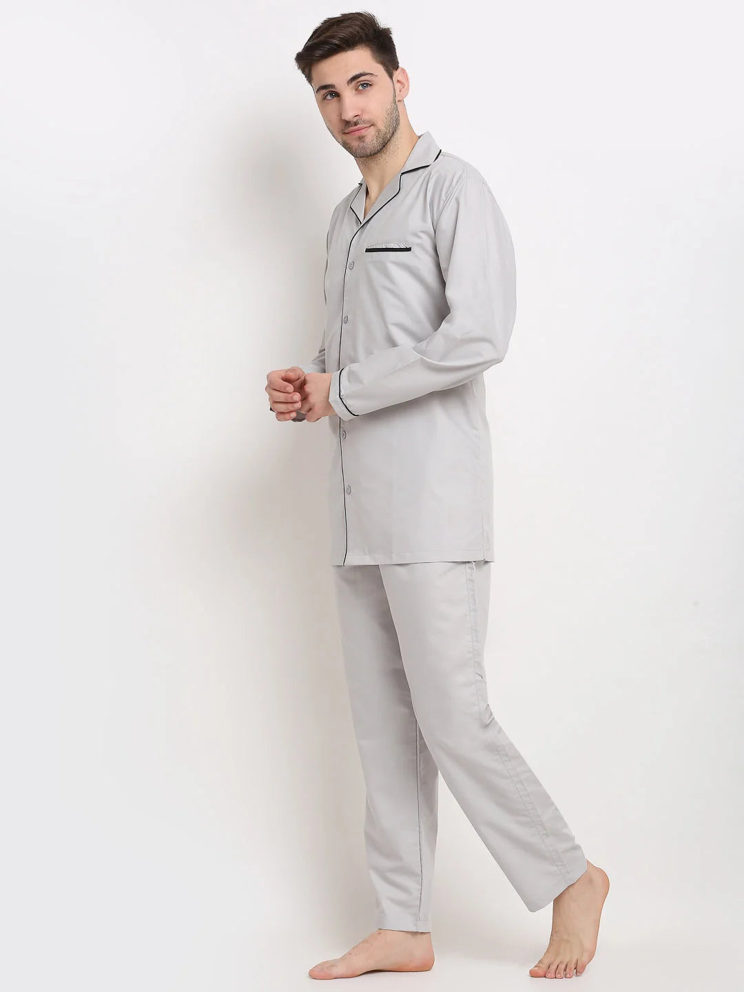 Mens Steel-Grey Cotton Night Suit | Cotton Pajamas Set