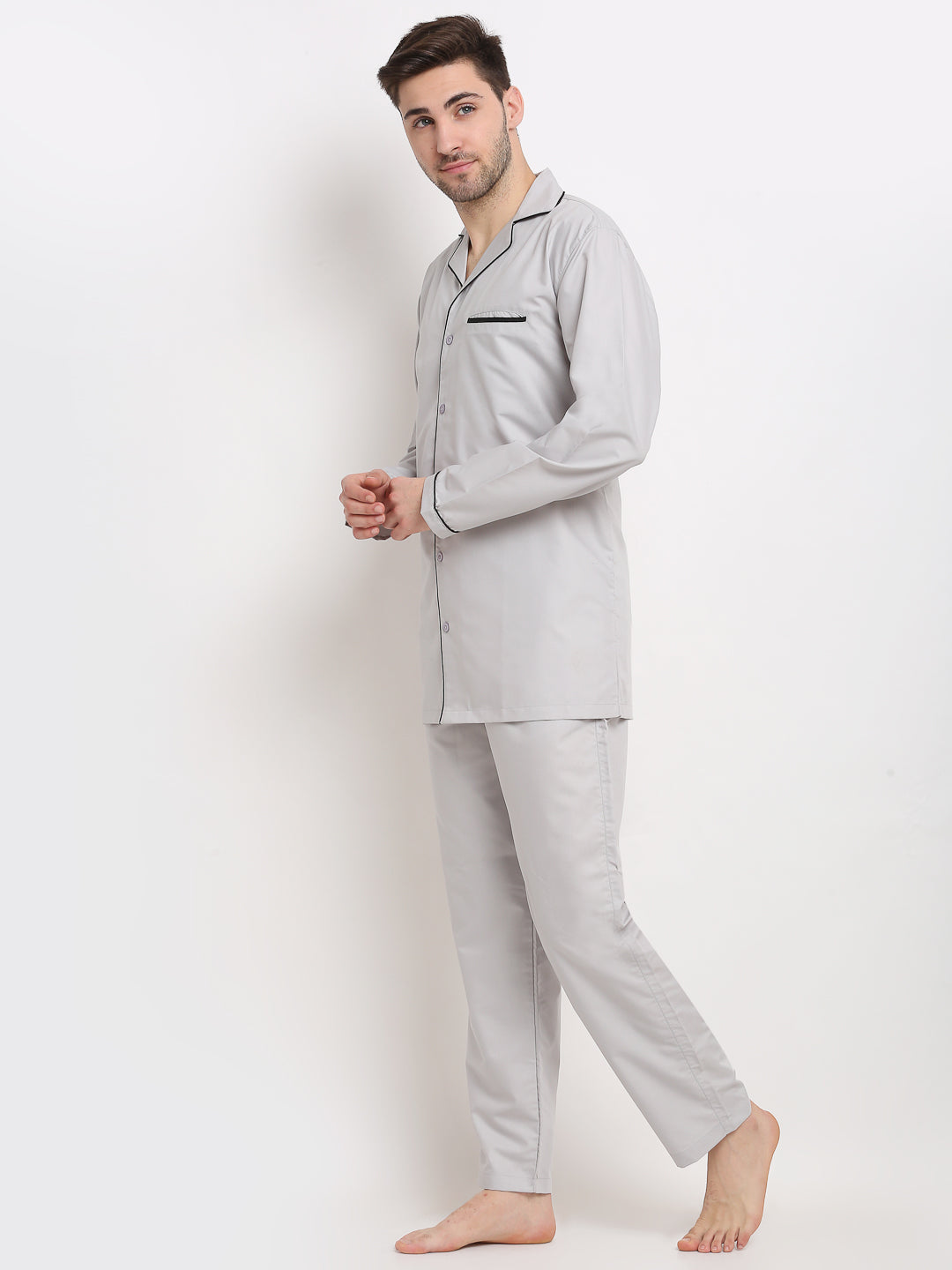 Mens Steel-Grey Cotton Night Suit | Cotton Pajamas Set