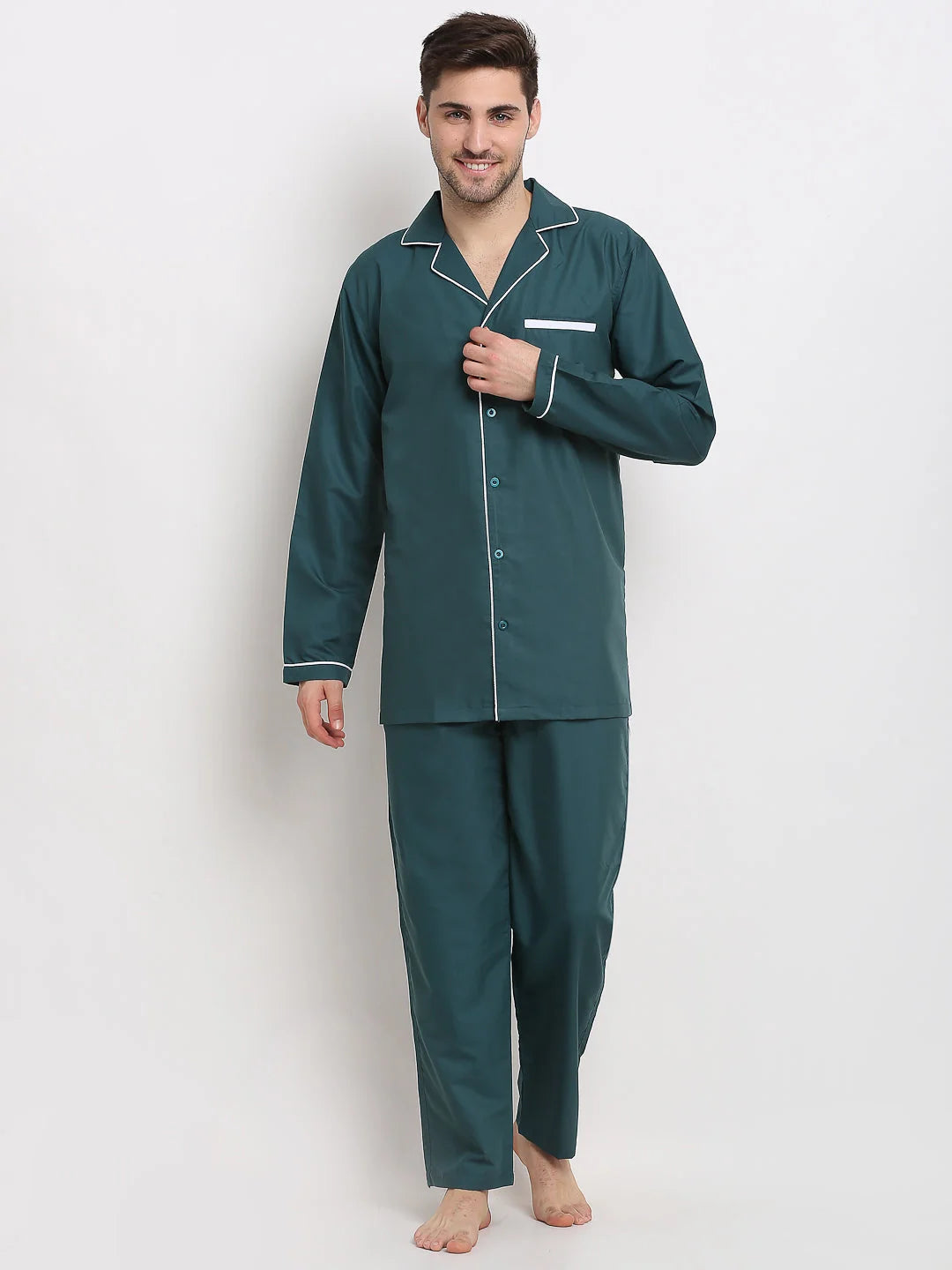 Teal Cotton Mens Pajama Set - Solid Night Suits | Indian Needle