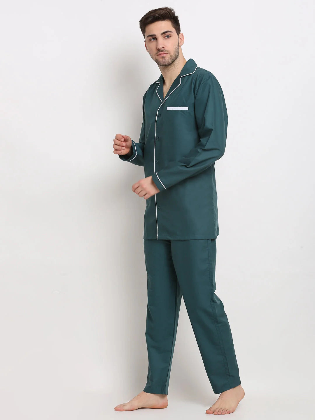 Teal Cotton Mens Pajama Set - Solid Night Suits | Indian Needle