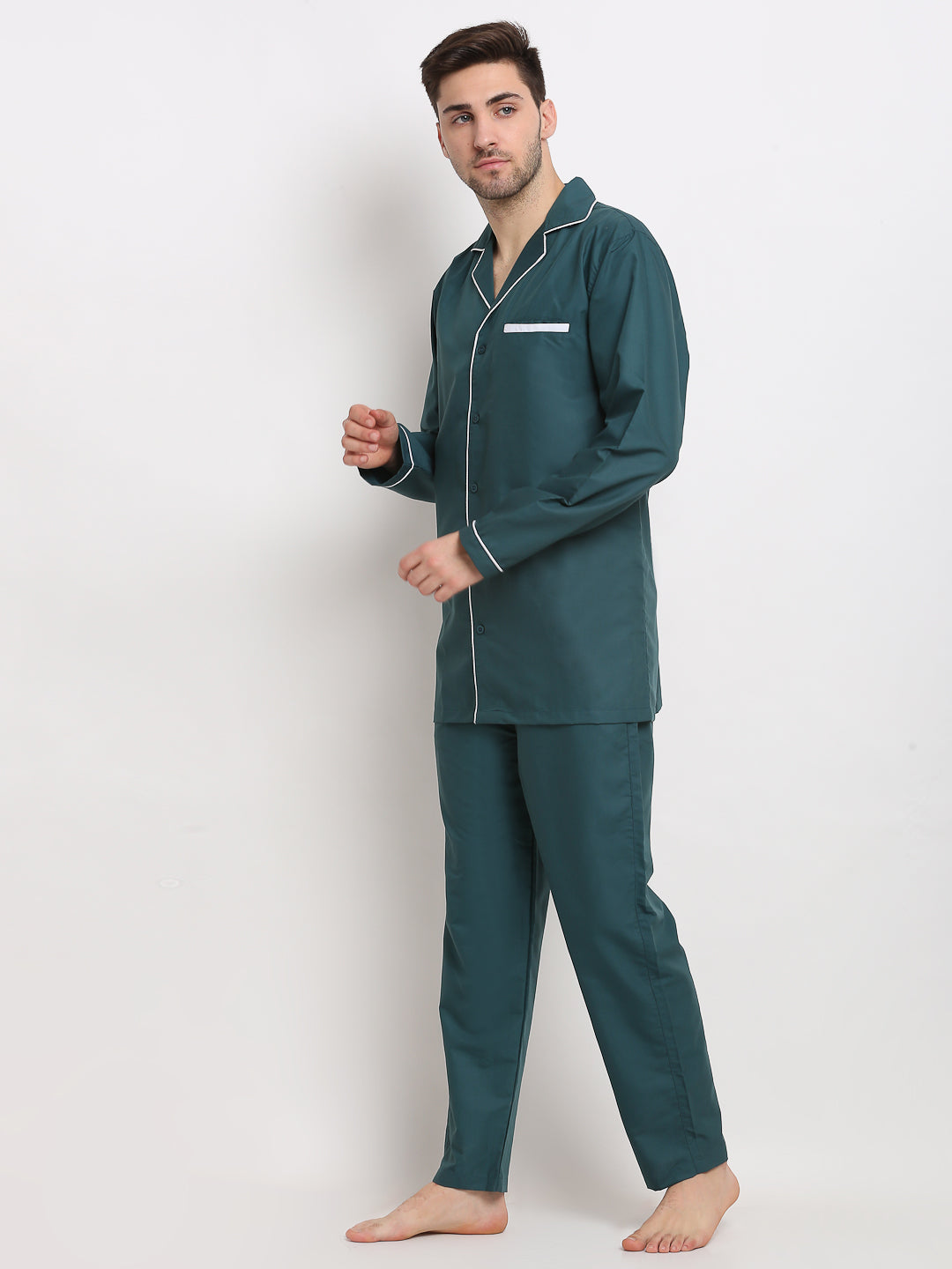 Teal Cotton Mens Pajama Set - Solid Night Suits | Indian Needle