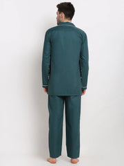 Indian Needle Men's Teal Cotton Solid Night Suits