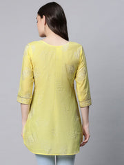 Yellow Pure Cotton Glitter Print Tunic-AHTUCORG-8074