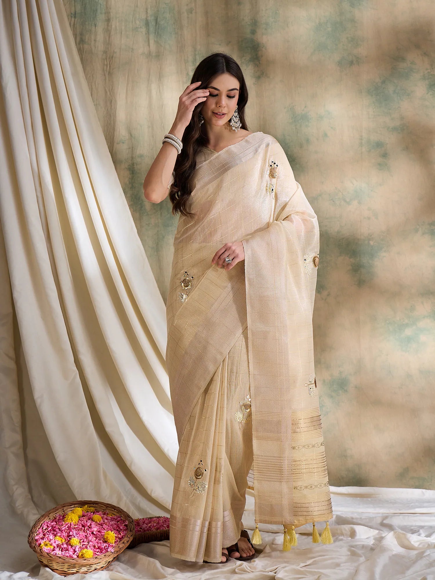 Beige Cotton Embroidered Saree | Designer Sarees India