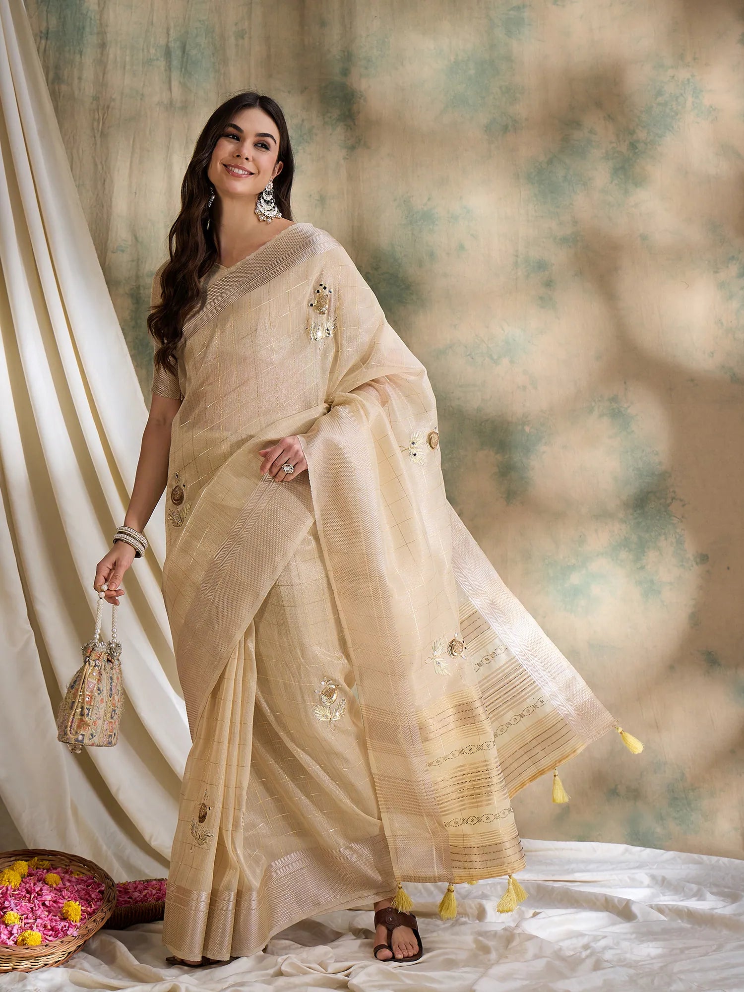 Beige Cotton Embroidered Saree | Designer Sarees India
