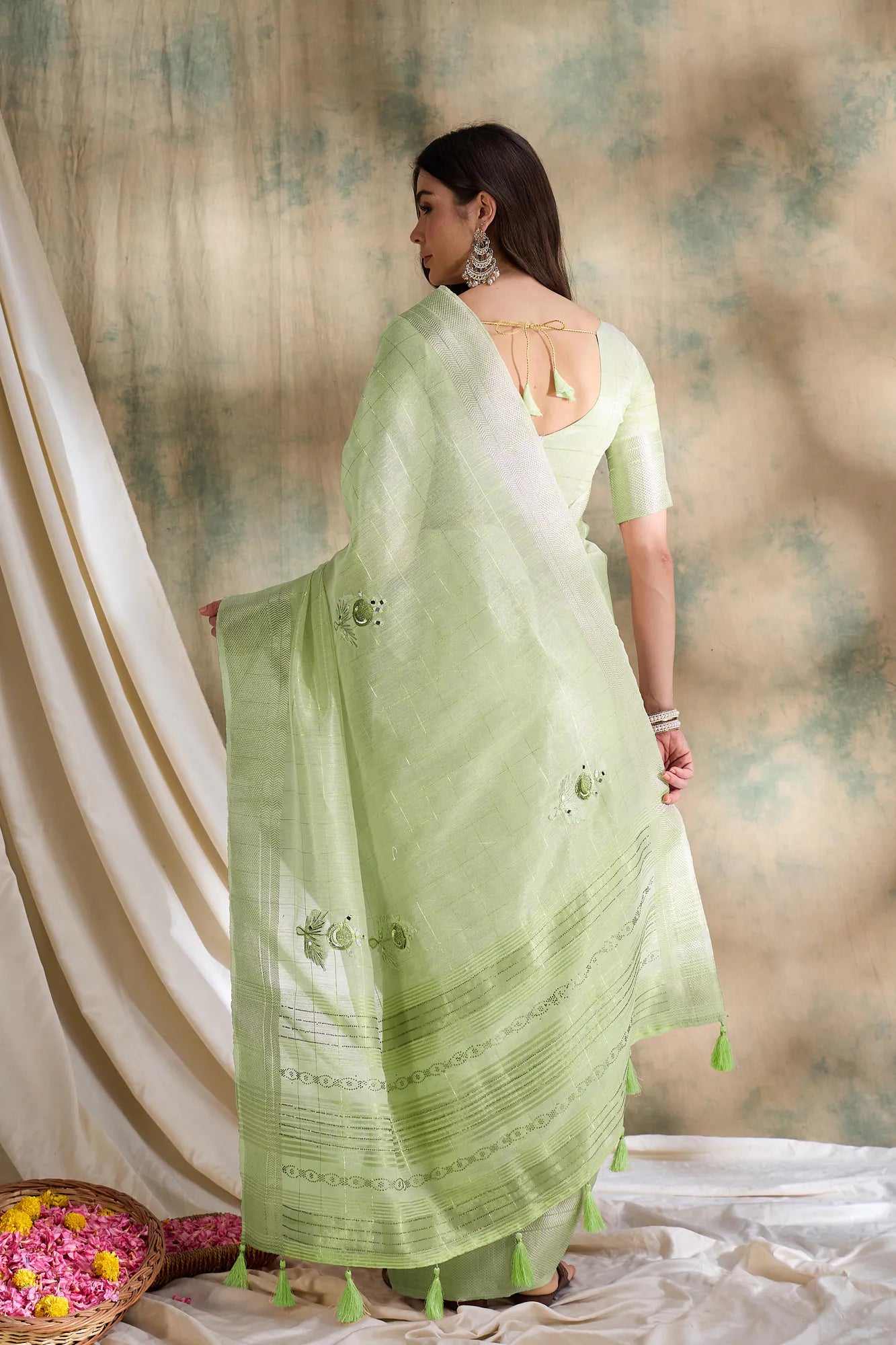 Green Cotton Embroidered Saree | Indian Sari Elegance