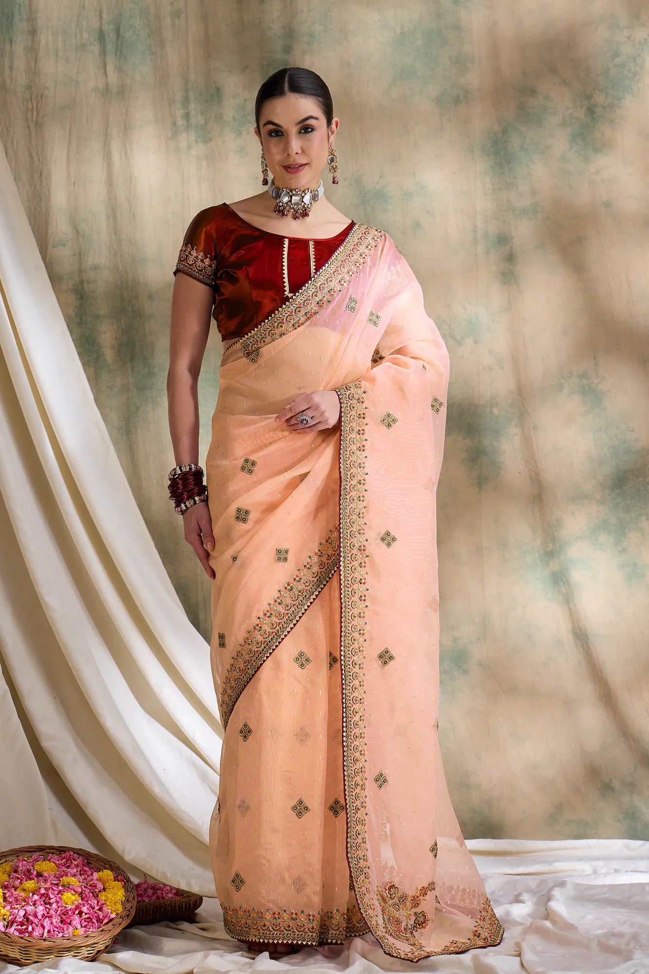 Classic Peach Organza Saree | Premium Designer Sarees India