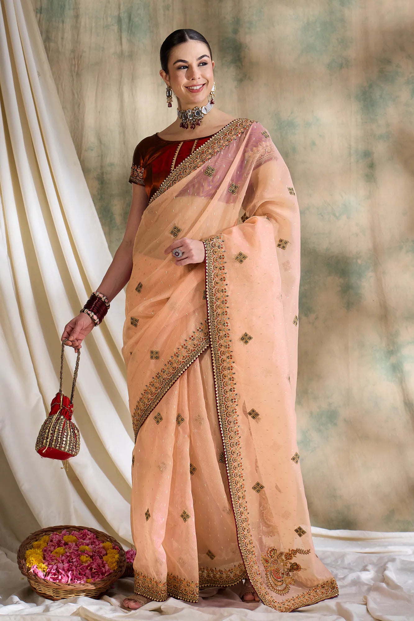 Classic Peach Organza Saree | Premium Designer Sarees India