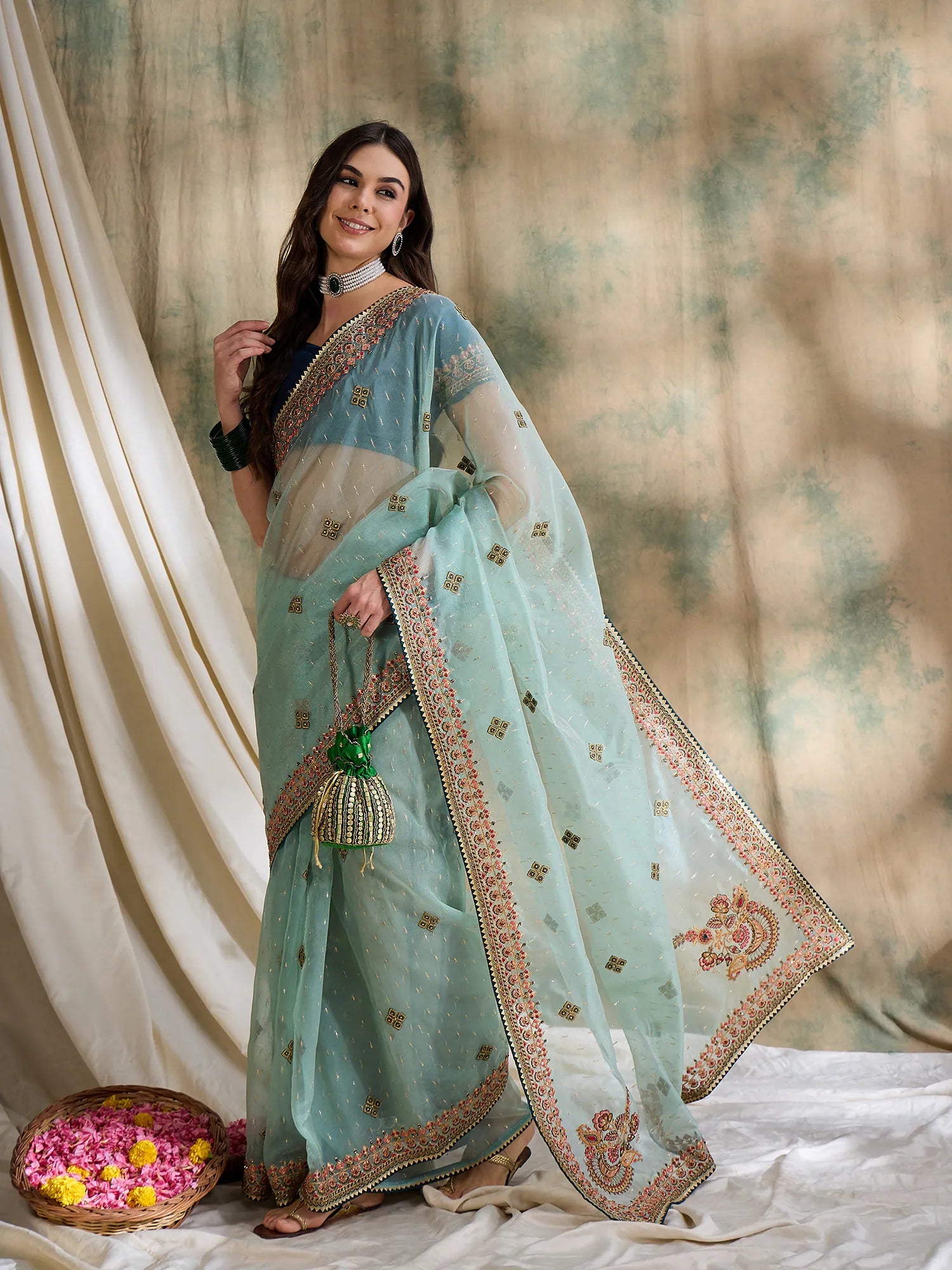 Teal Organza Saree | Designer Sarees India