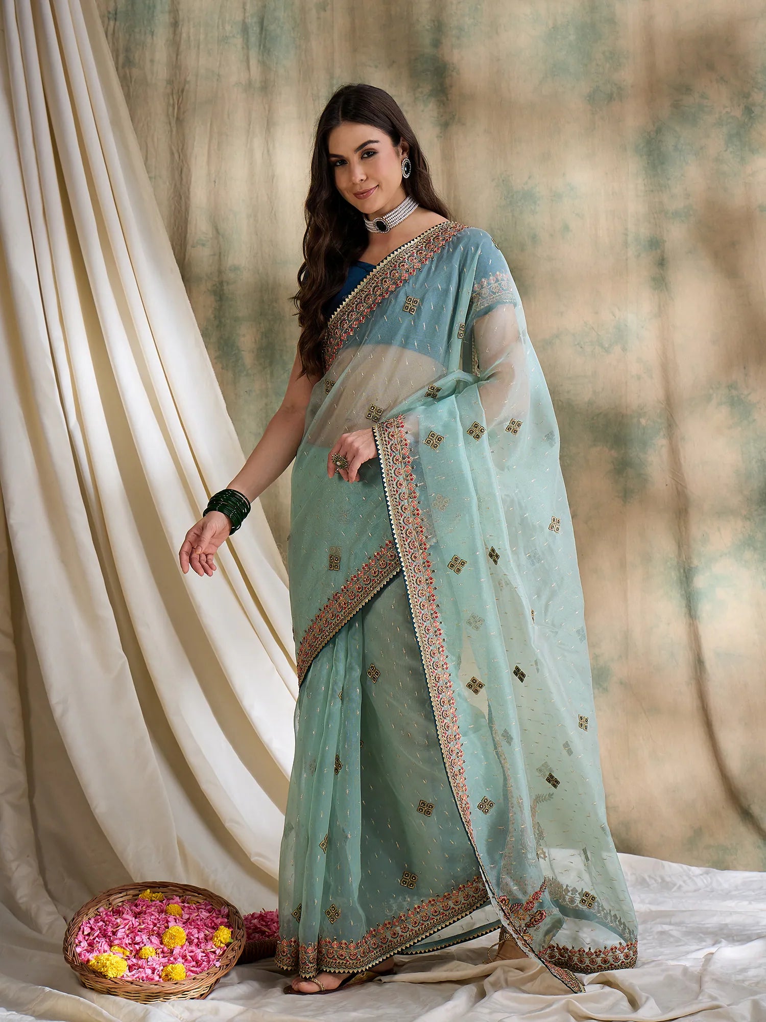 Teal Organza Saree | Designer Sarees India