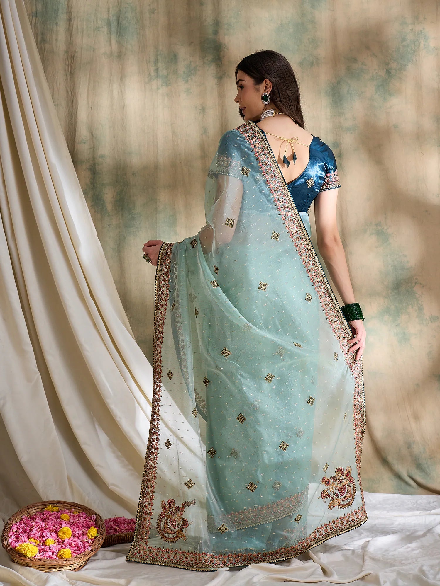Teal Organza Saree | Designer Sarees India