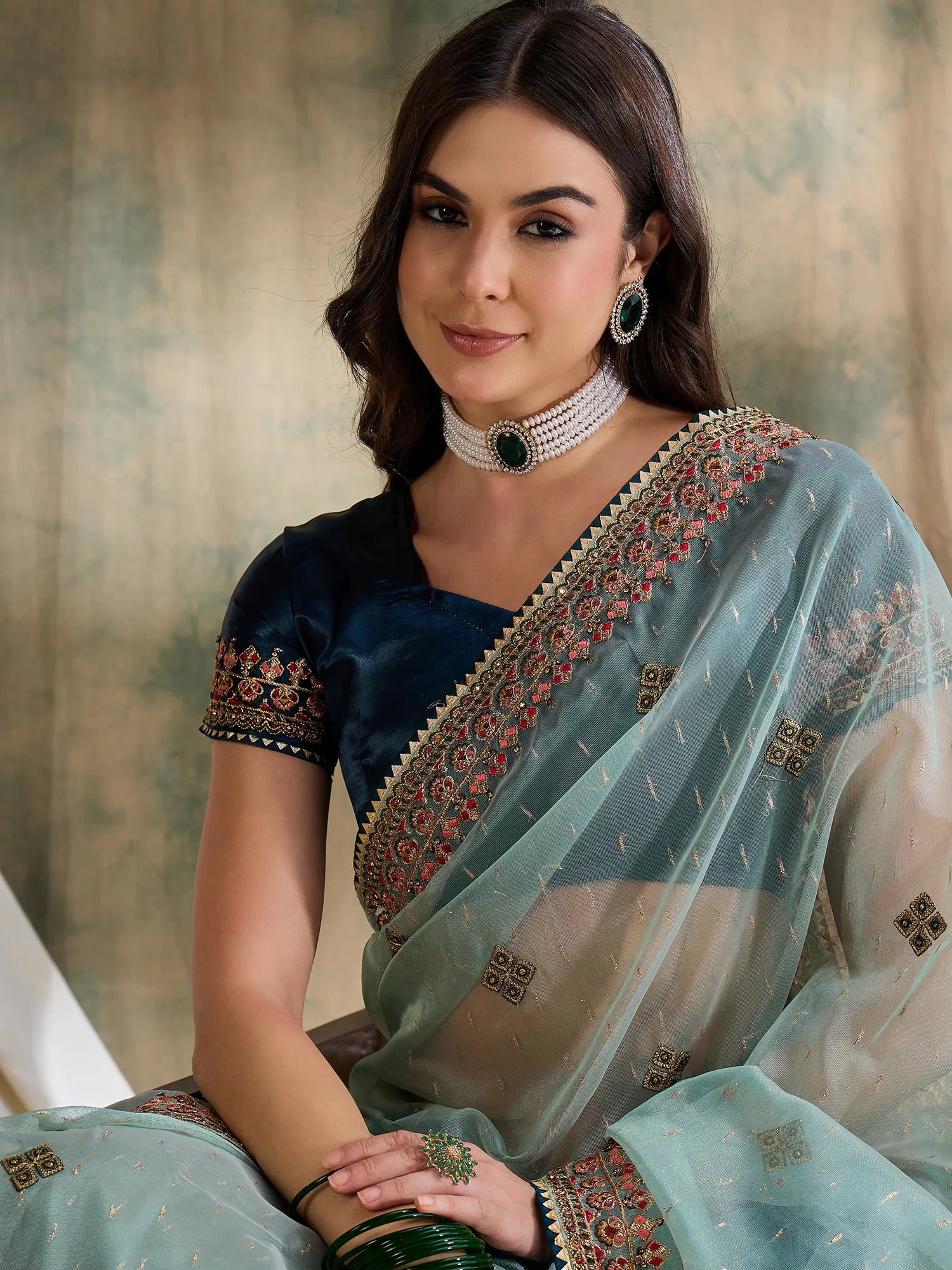Teal Organza Saree | Designer Sarees India