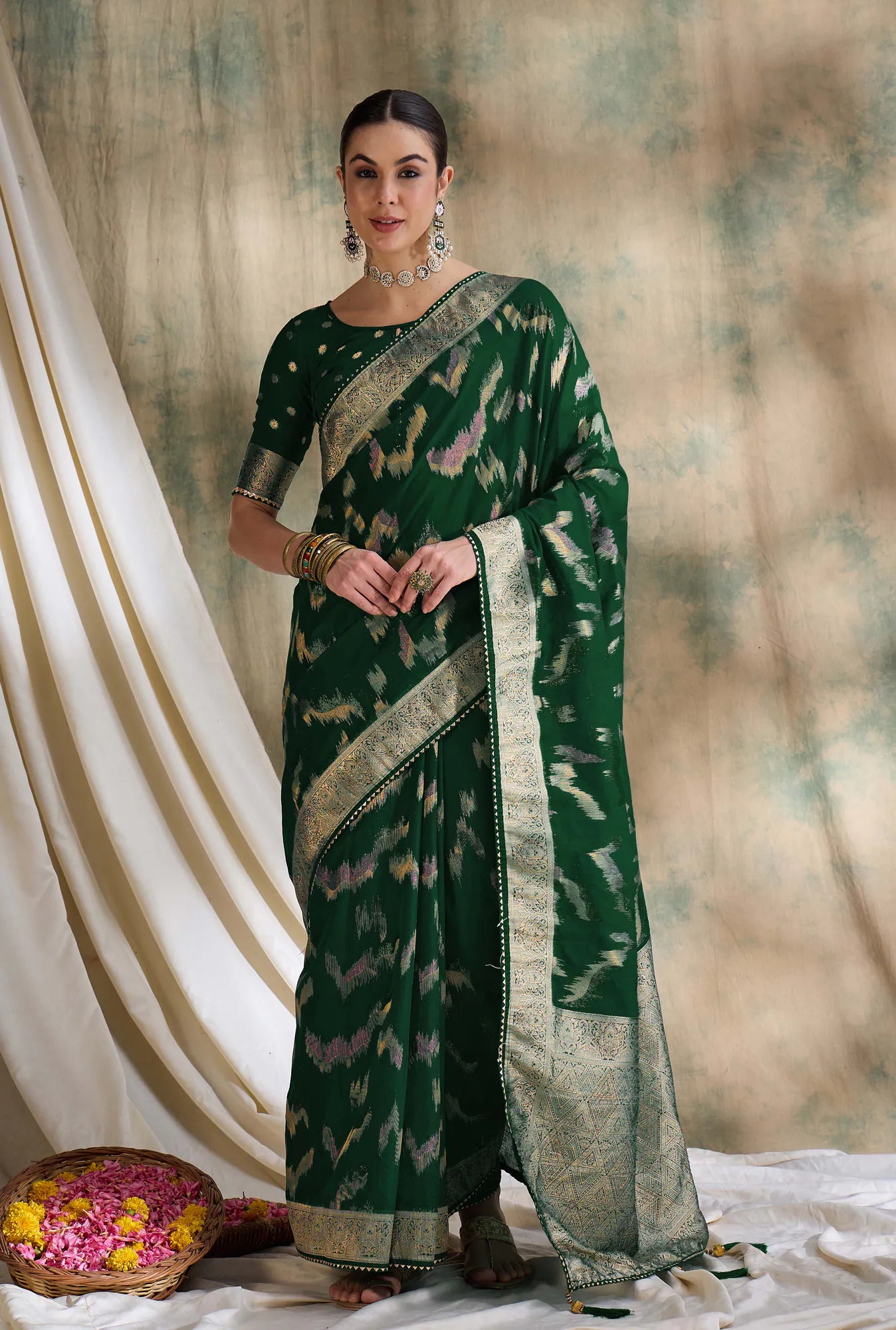 Green Organza Saree | Indian Sari | Woven Design