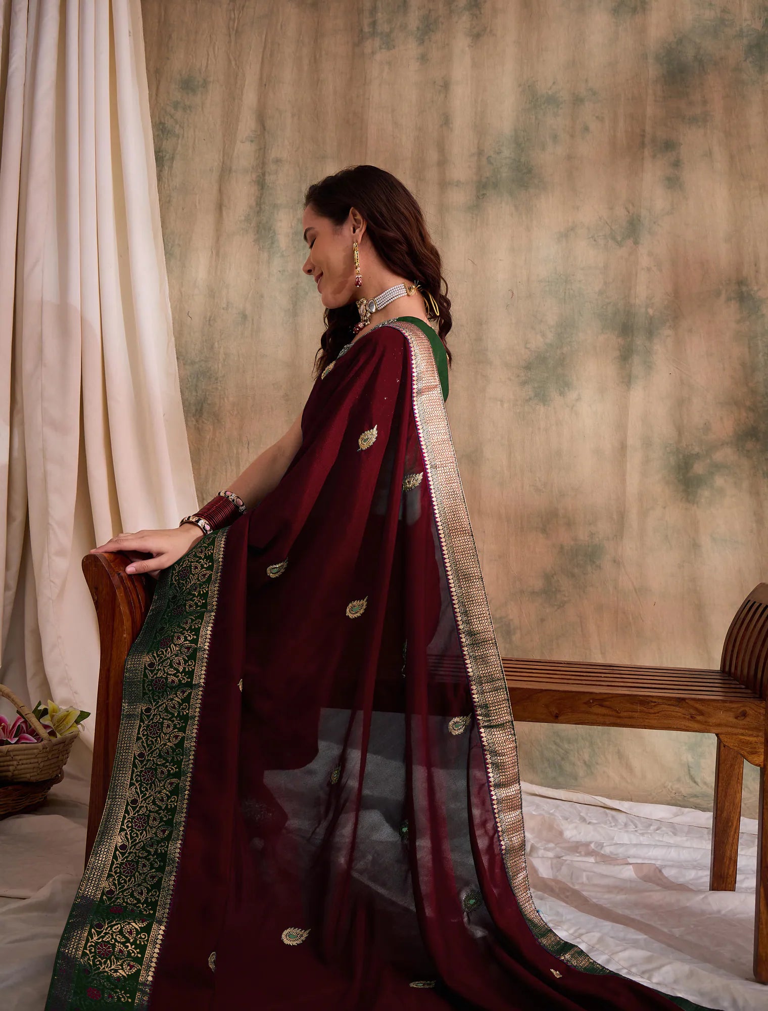 Maroon Embroidered Polyester Indian Sari for Women