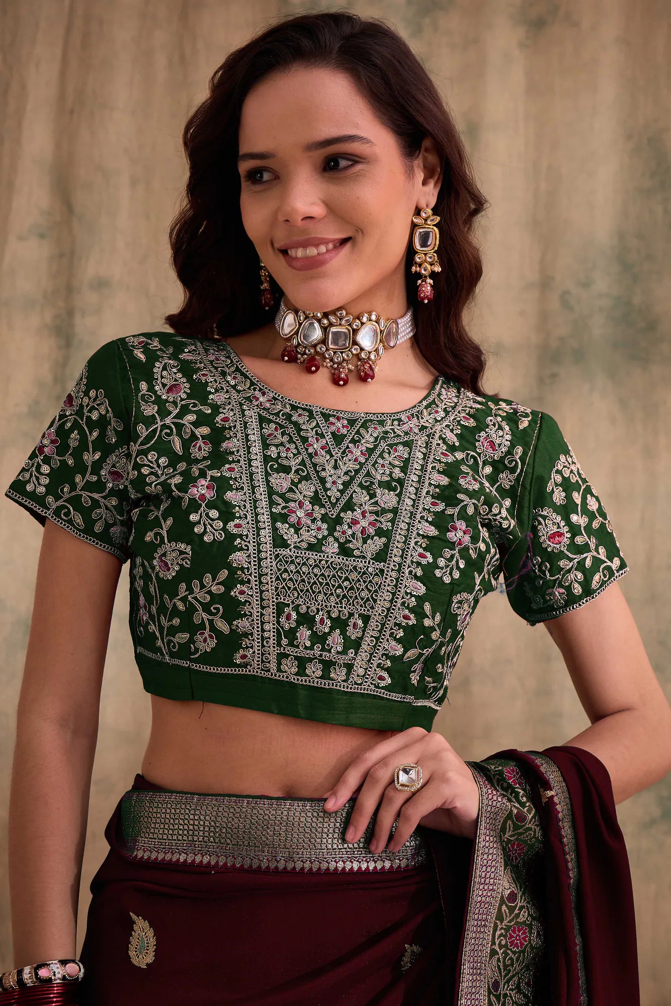 Maroon Embroidered Polyester Indian Sari for Women