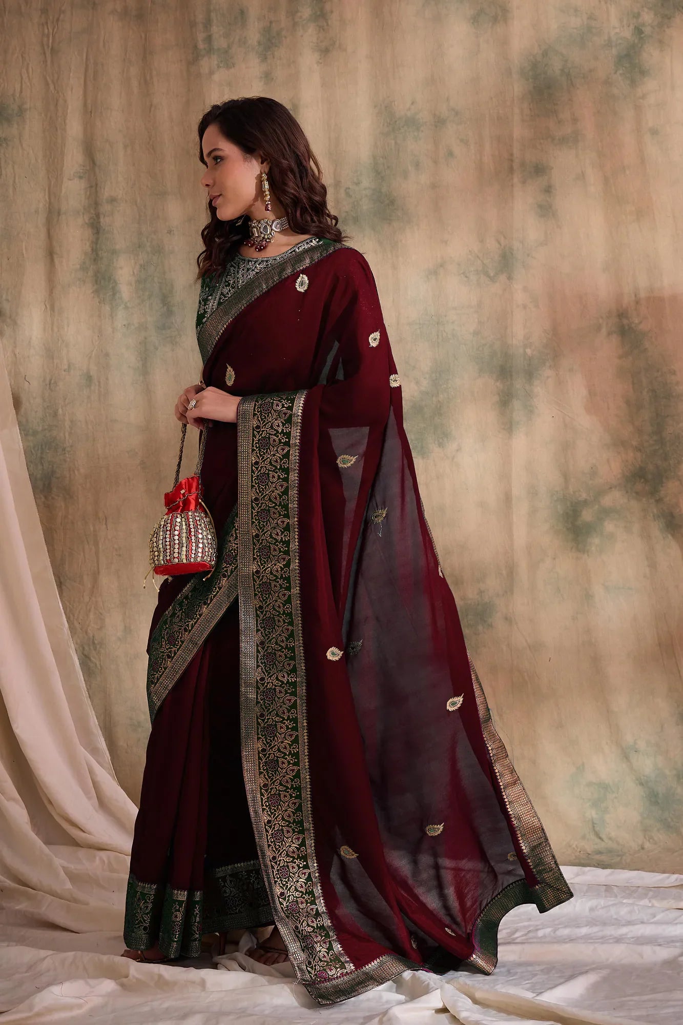 Maroon Embroidered Polyester Indian Sari for Women