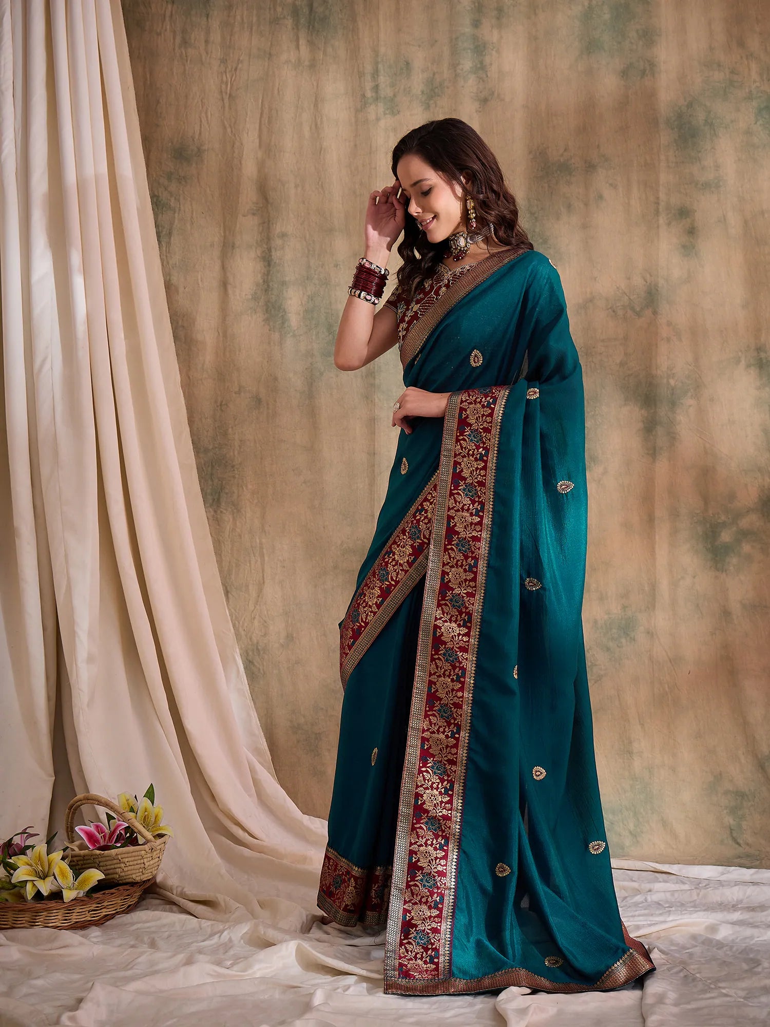 Teal Embroidered Saree | Exclusive Designer Sarees India