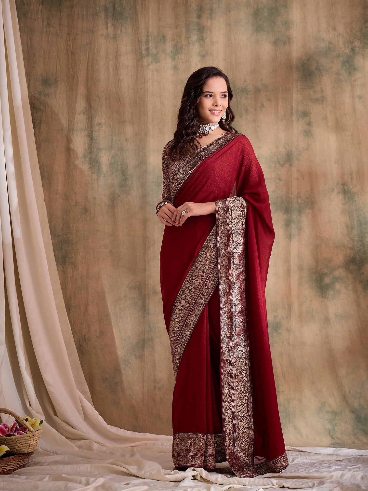 Maroon Woven Polyester Saree | Indian Sarees Online