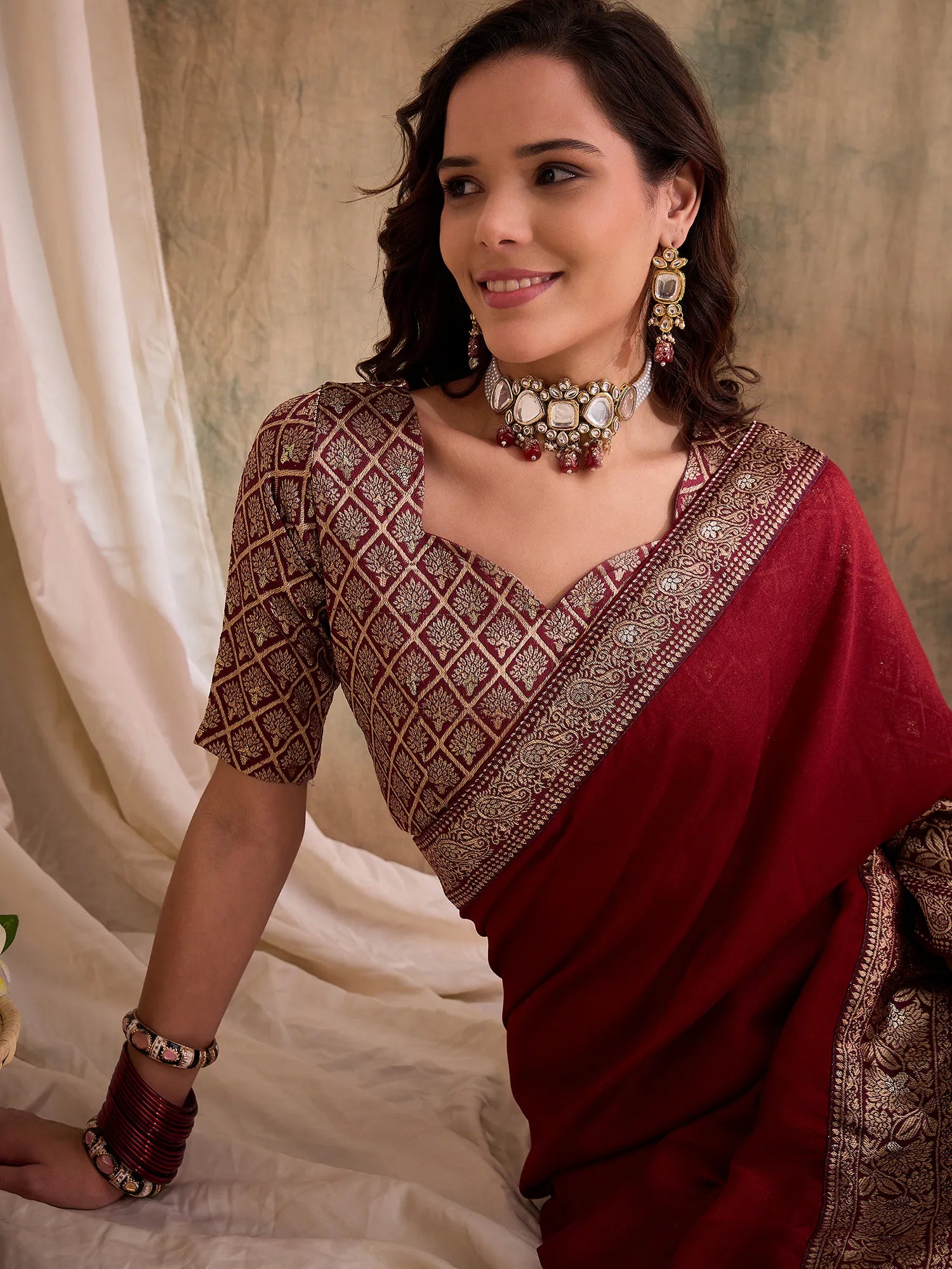 Maroon Woven Polyester Saree | Indian Sarees Online