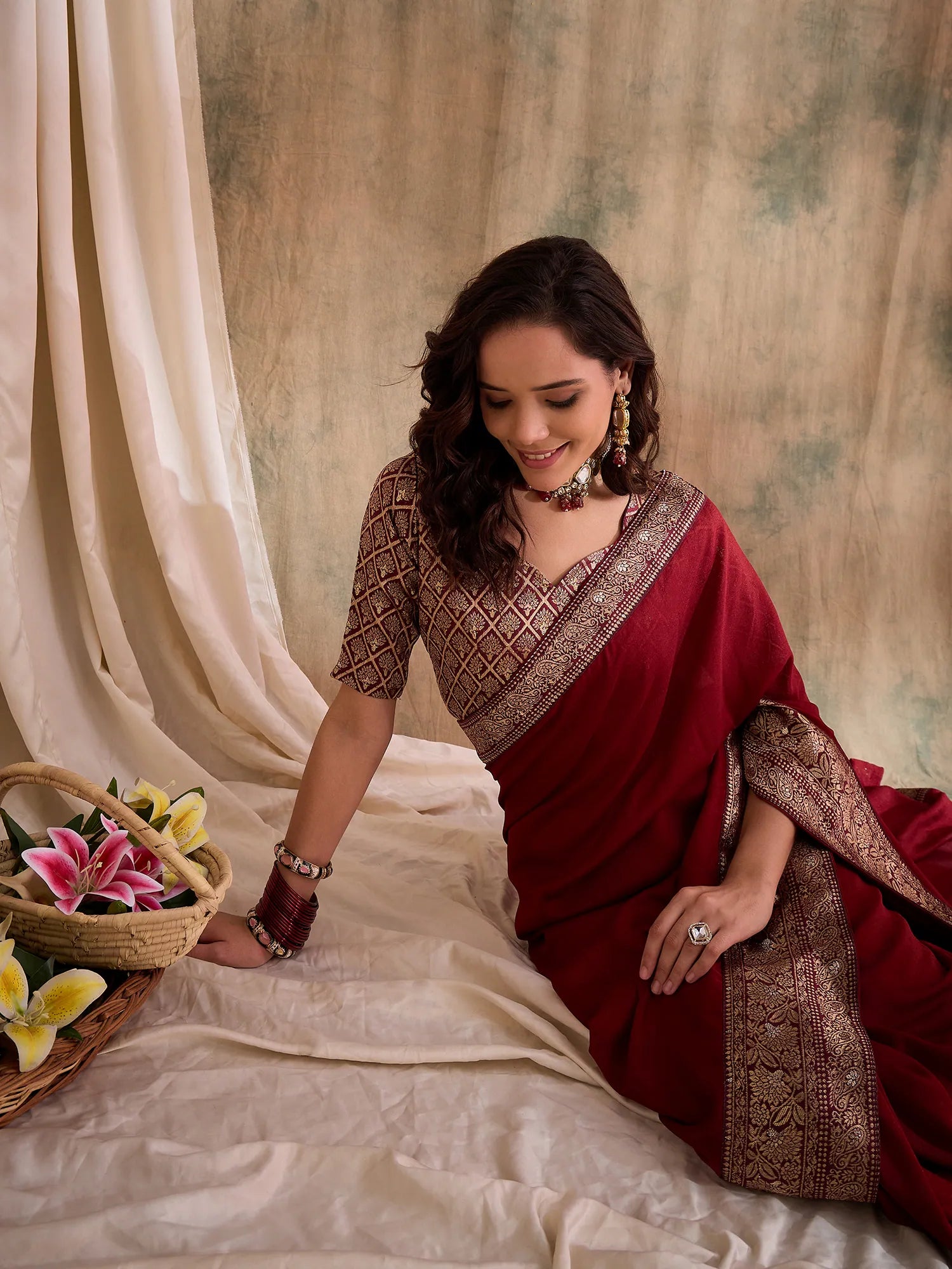Maroon Woven Polyester Saree | Indian Sarees Online
