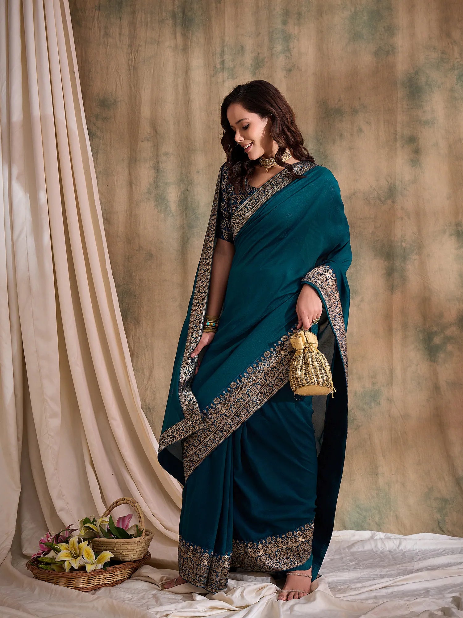 Teal Woven Design Indian Sari | Exquisite Polyester Saree