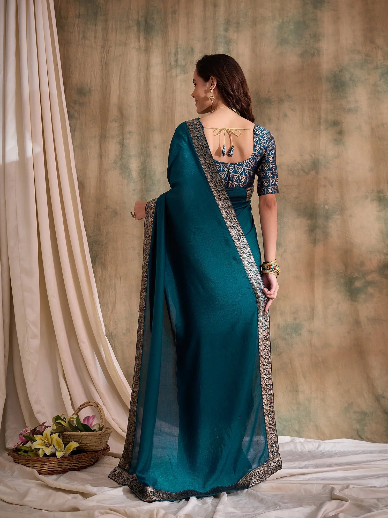 Teal Woven Design Indian Sari | Exquisite Polyester Saree